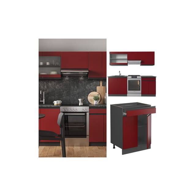 Vicco R-Line Küchenzeile Rot/Anthrazit 200 cm J-Shape ohne E-Geräte