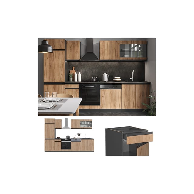 Vicco R-Line Küchenzeile Goldkraft Eiche/Anthrazit 300 cm J-Shape ohne E-Geräte