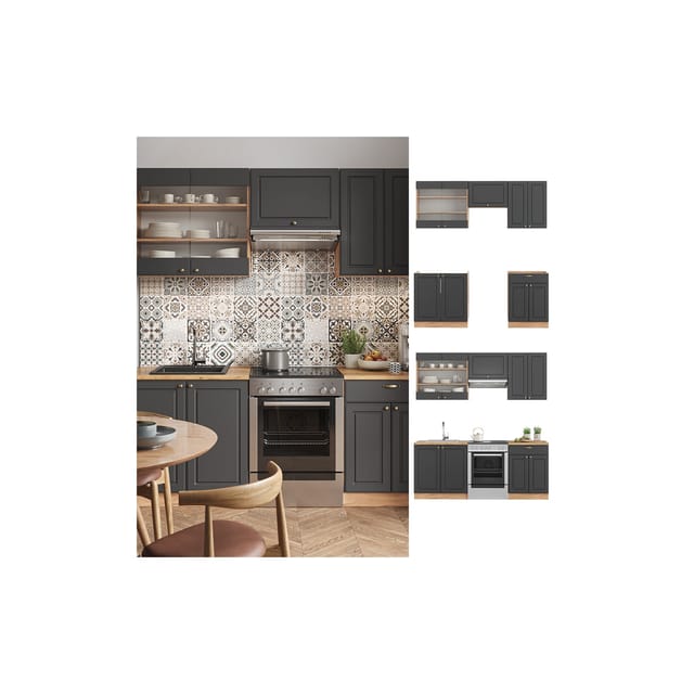 Vicco Fame-Line Küchenzeile Anthrazit Landhaus/Goldkraft Eiche 200 cm ohne Arbeitsplatte ohne E-Geräte