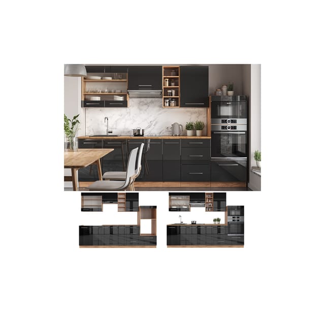 Vicco Fame-Line Küchenzeile Anthrazit Hochglanz/Goldkraft Eiche 280 cm ohne Arbeitsplatte ohne E-Geräte