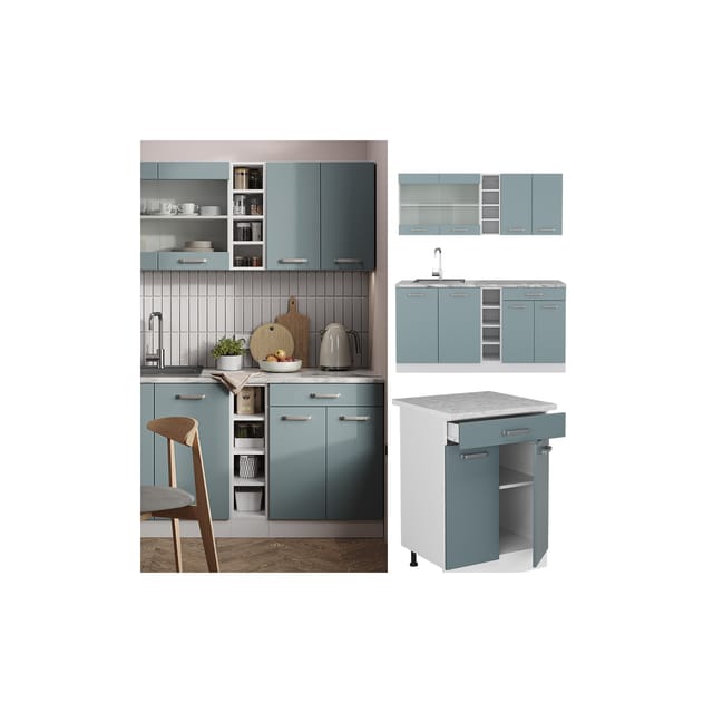 Vicco R-Line Single Küche Blau-Grau/Weiß 160 cm ohne Arbeitsplatte ohne E-Geräte