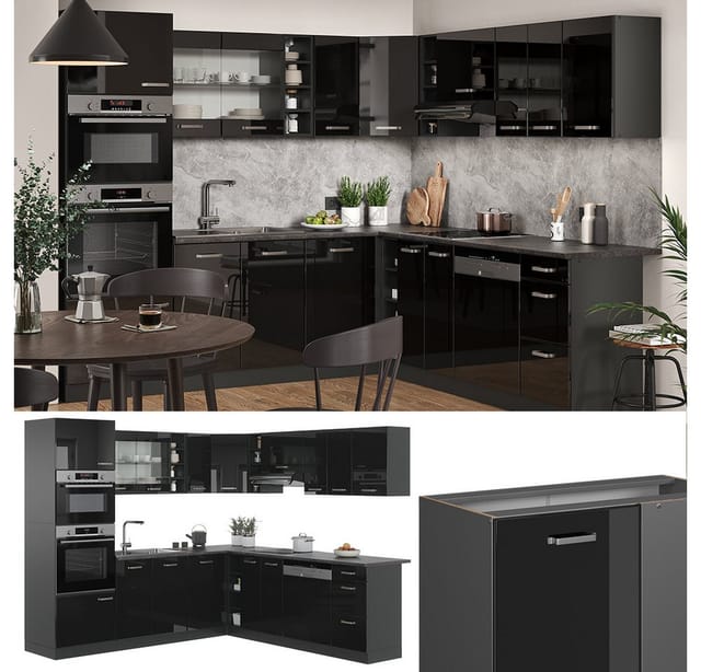 Vicco R-Line Einbauküche Schwarz Hochglanz/Anthrazit 237 x 60 cm ohne Arbeitsplatte ohne E-Geräte