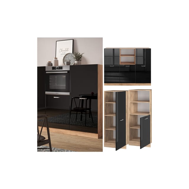 Vicco R-Line Einbauküche Schwarz Hochglanz/Goldkraft Eiche 180 cm ohne Arbeitsplatte ohne E-Geräte