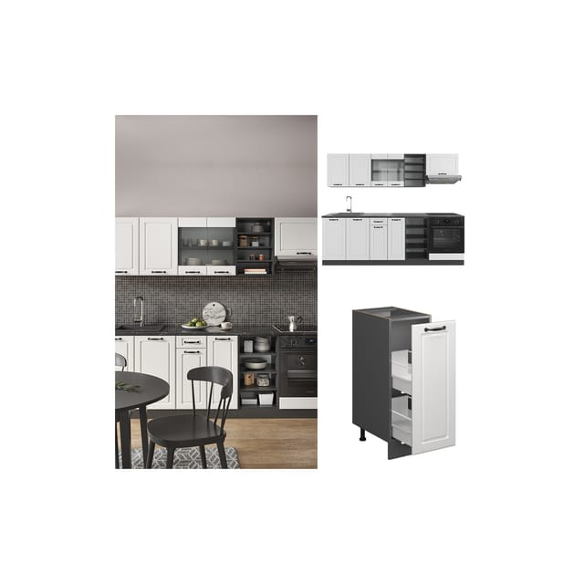 Vicco R-Line Küchenzeile Weiß Landhaus/Anthrazit 240 cm ohne Arbeitsplatte ohne E-Geräte