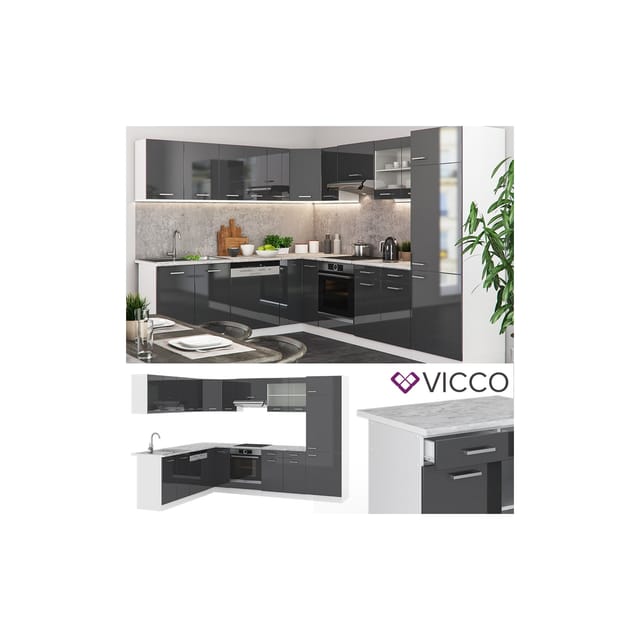 Vicco R-Line Eckküche Anthrazit Hochglanz/Weiß 227 x 287 cm AP Marmor ohne E-Geräte
