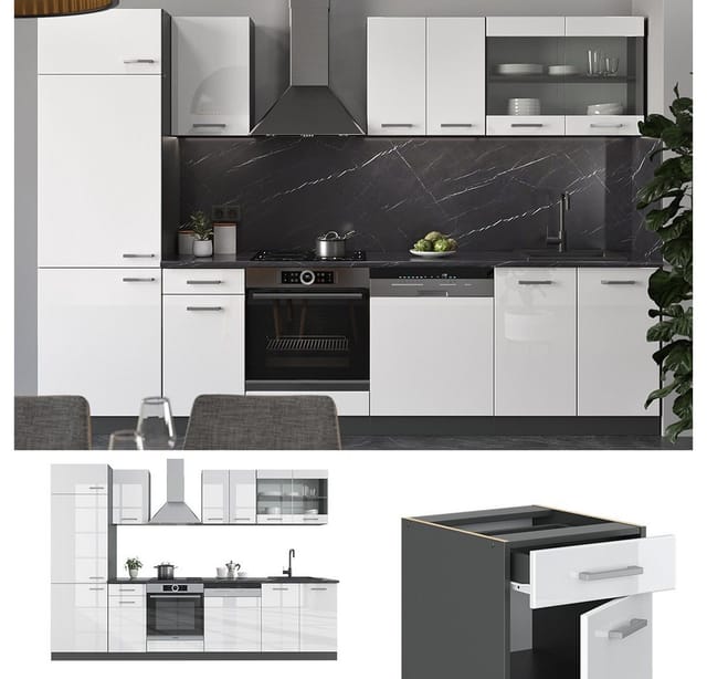 Vicco R-Line Küchenzeile Weiß Hochglanz/Anthrazit 300 cm AP Eiche ohne E-Geräte