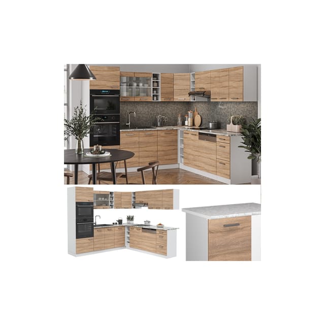 Vicco R-Line Eckküche Sonoma/Weiß 237 x 60 cm AP Marmor ohne E-Geräte