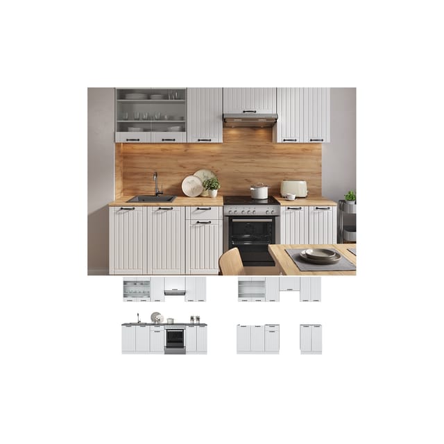 Vicco Fame-Line Küchenzeile Weiß Landhaus/Weiß 240 cm ohne Arbeitsplatte ohne E-Geräte