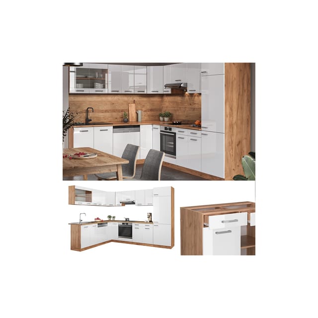 Vicco R-Line Eckküche Weiß Hochglanz/Goldkraft Eiche 227 x 287 cm ohne Arbeitsplatte ohne E-Geräte