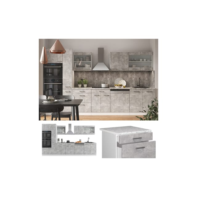 Vicco R-Line Küche Beton/Weiß 350 cm mit HochschrankAP Marmor ohne E-Geräte