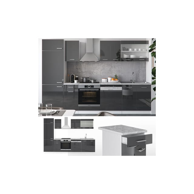 Vicco R-Line Küchenzeile Anthrazit Hochglanz/Weiß 300 cm ohne Arbeitsplatte ohne E-Geräte