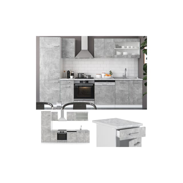 Vicco R-Line Küchenzeile Beton 300 cm ohne Arbeitsplatte ohne E-Geräte