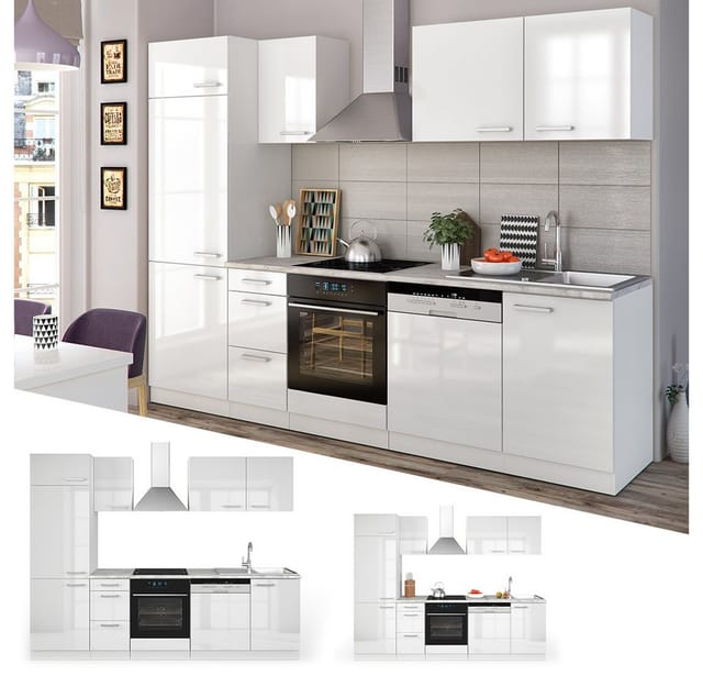 Vicco Optima Küchenzeile Weiß 270 cm ohne Arbeitsplatte mit LED-LeistenOptima ohne E-Geräte