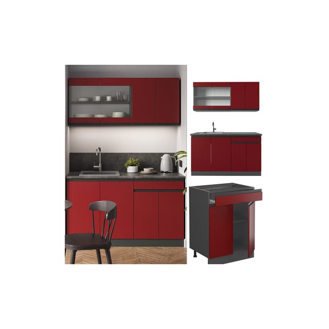 Vicco R-Line Singleküche Rot/Anthrazit 140 cm J-Shape ohne E-Geräte