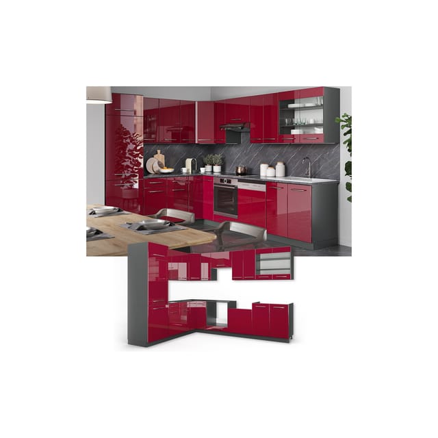 Vicco Fame-Line Eckküche Bordeaux Hochglanz/Anthrazit 227 x 60 cm ohne Arbeitsplatte ohne E-Geräte