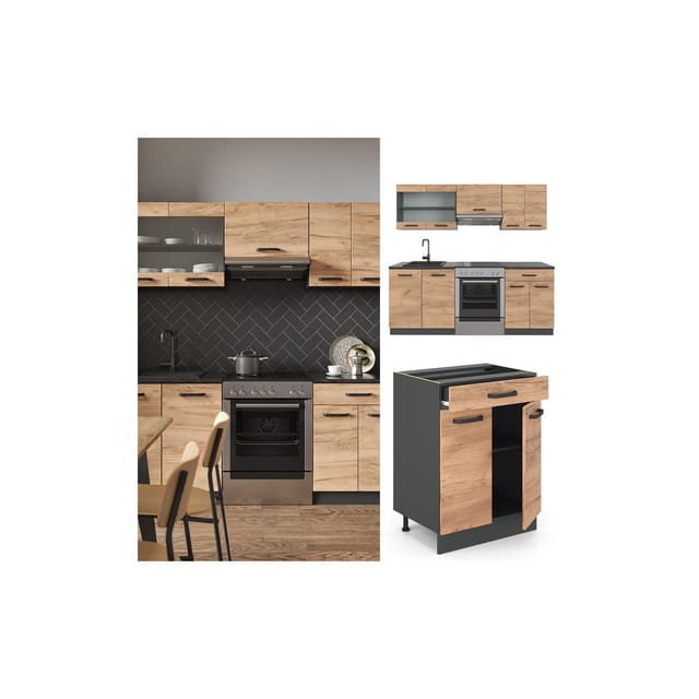 Vicco R-Line Küchenzeile Goldkraft Eiche/Anthrazit 200 cm ohne Arbeitsplatte ohne E-Geräte