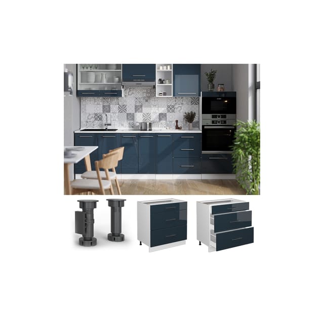 Vicco Küchenunterschrank Fame-Line Dunkelblau Hochglanz/Weiß 80 cm mit 3 Schubladen AP Eiche