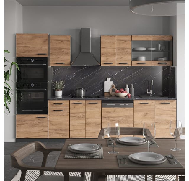 Vicco R-Line Küchenzeile Goldkraft Eiche/Anthrazit 300 cm mit Hochschrankohne Arbeitsplatte ohne E-Geräte