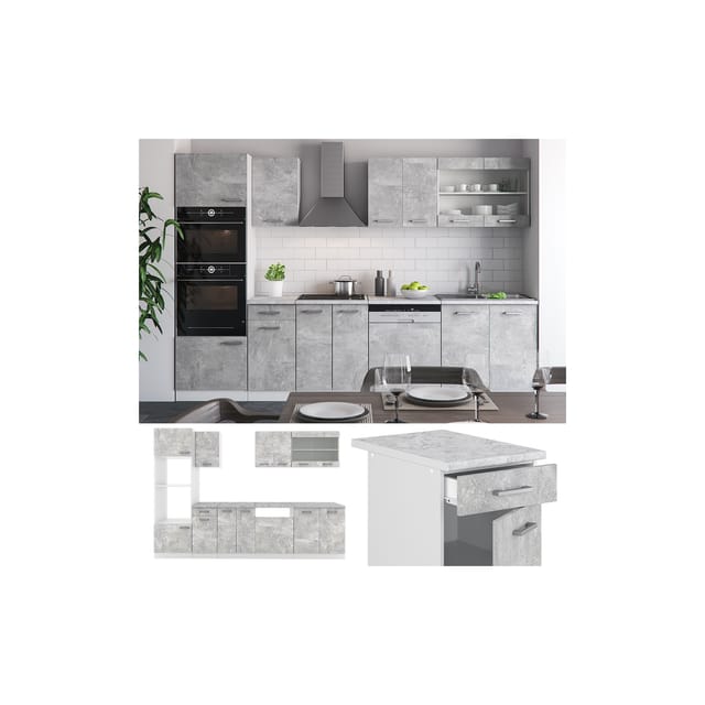 Vicco R-Line Küchenzeile Beton 300 cm mit Hochschrankohne Arbeitsplatte ohne E-Geräte