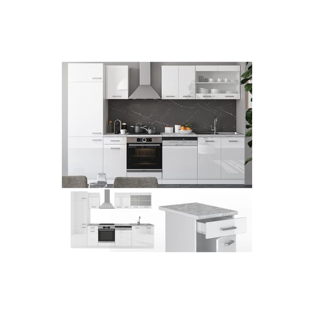Vicco R-Line Küchenzeile Weiß Hochglanz/Weiß 300 cm ohne Arbeitsplatte ohne E-Geräte