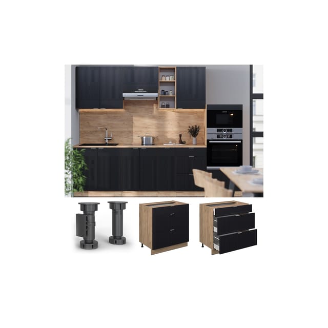 Vicco Küchenunterschrank Fame-Line Schwarz Gestreift 80 cm mit 3 Schubladen AP Eiche