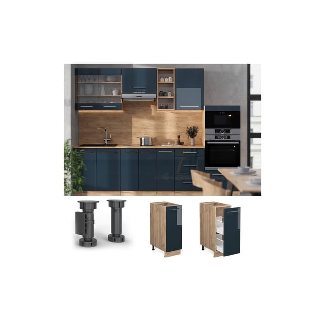 Vicco Apothekerschrank Fame-Line Dunkelblau Hochglanz/Goldkraft Eiche 30 cm AP Marmor
