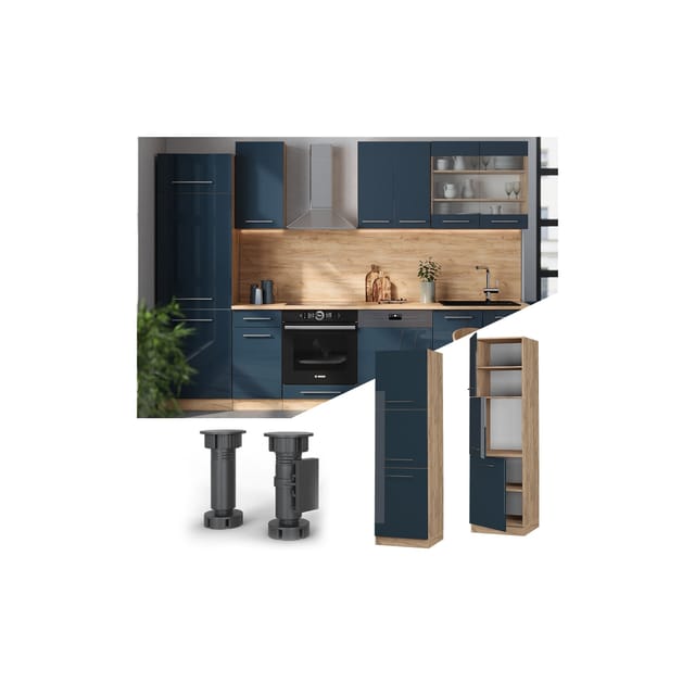 Vicco Herdumbauschrank Fame-Line Dunkelblau Hochglanz/Goldkraft Eiche 60 cm