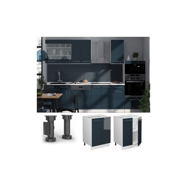 Vicco Küchenunterschrank Fame-Line Dunkelblau Hochglanz/Weiß 60 cm AP Eiche