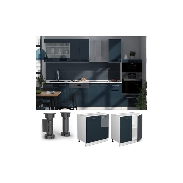 Vicco Spülenunterschrank Fame-Line Dunkelblau Hochglanz/Weiß 80 cm mit Regal AP Eiche