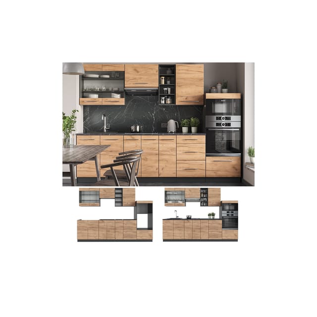 Vicco Fame-Line Küchenzeile Goldkraft Eiche/Anthrazit 280 cm ohne Arbeitsplatte ohne E-Geräte