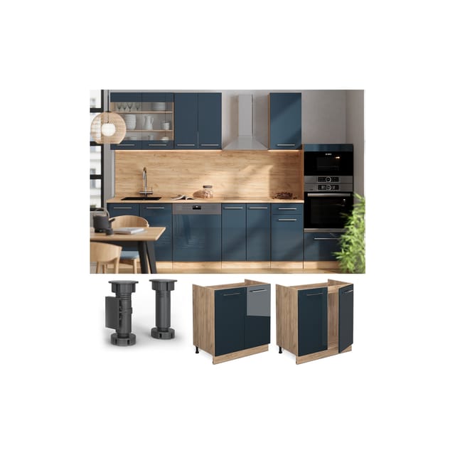 Vicco Spülenunterschrank Fame-Line Dunkelblau Hochglanz/Goldkraft Eiche 80 cm AP Marmor