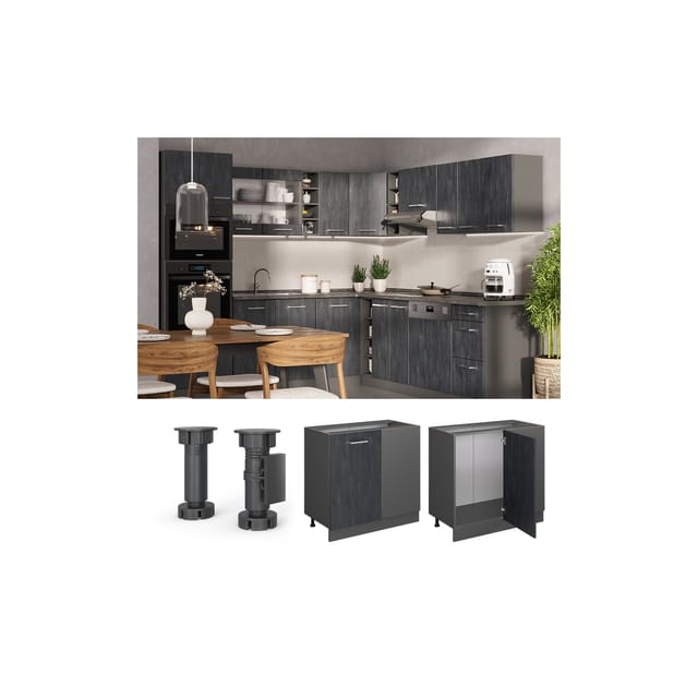 Vicco Eckunterschrank R-Line Schwarz Beton/Anthrazit 86 cm AP Anthrazit