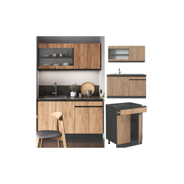 Vicco R-Line Singleküche Goldkraft Eiche/Anthrazit 140 cm J-Shape ohne E-Geräte