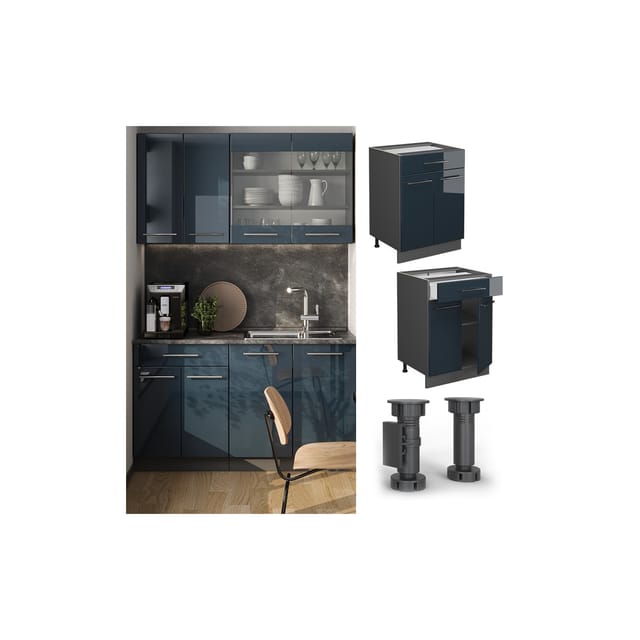 Vicco Küchenunterschrank Fame-Line Dunkelblau Hochglanz/Anthrazit 60 cm mit Schublade ohne Arbeitsplatte