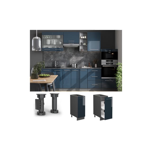 Vicco Apothekerunterschrank Fame-Line Dunkelblau Hochglanz 30 cm AP Marmor
