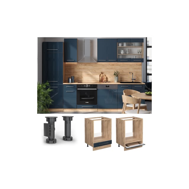 Vicco Herdumbauschrank Fame-Line Dunkelblau Hochglanz/Goldkraft Eiche 60 cm AP Eiche