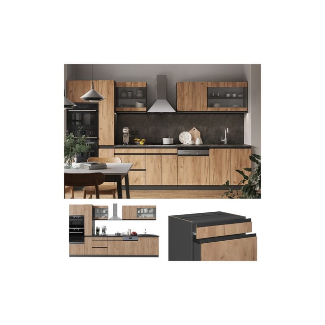 Vicco R-Line Küchenzeile Goldkraft Eiche/Anthrazit 350 cm J-Shapemit Hochschrankohne Arbeitsplatte ohne E-Geräte
