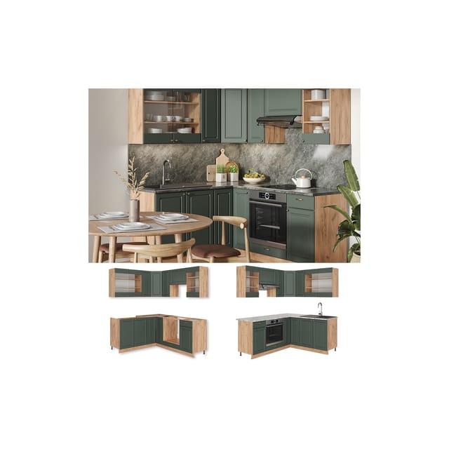 Vicco Fame-Line Eckküche Grün-Gold Landhaus/Goldkraft Eiche 160 x 60 cm ohne Arbeitsplatte ohne E-Geräte