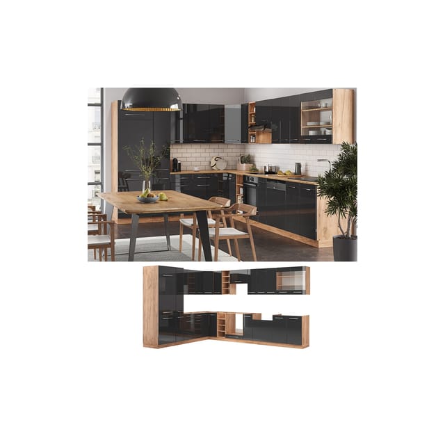 Vicco Fame-Line Eckküche Anthrazit Hochglanz/Goldkraft Eiche 347 x 257 cm ohne Arbeitsplatte ohne E-Geräte