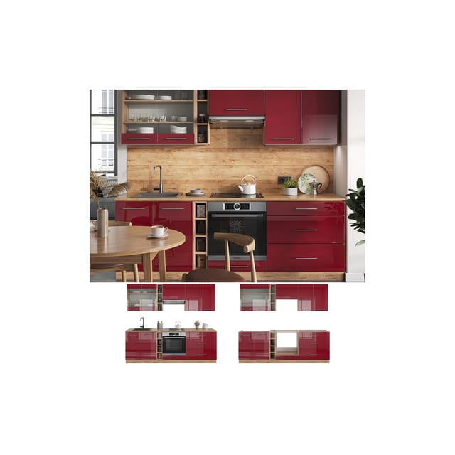 Vicco Fame-Line Küchenzeile Bordeaux Hochglanz/Goldkraft Eiche 235 cm ohne Arbeitsplatte ohne E-Geräte