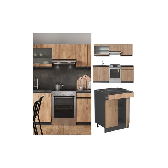 Vicco R-Line Küchenzeile Goldkraft Eiche/Anthrazit 200 cm J-Shape ohne E-Geräte