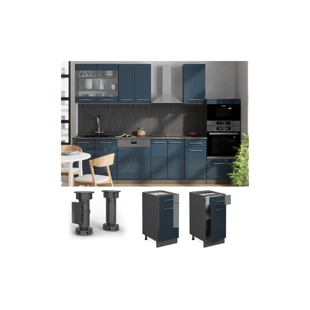 Vicco Küchenunterschrank Fame-Line Dunkelblau Hochglanz/Anthrazit 40 cm AP Marmor