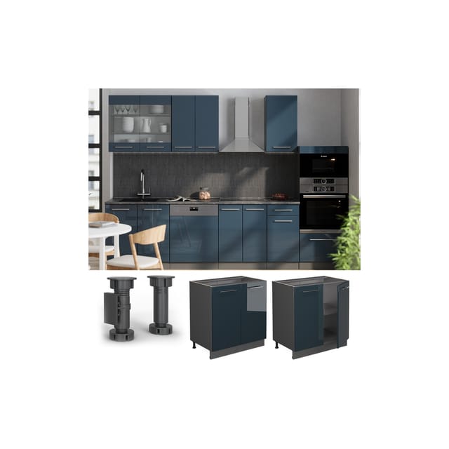 Vicco Spülenunterschrank Fame-Line Dunkelblau Hochglanz 80 cm mit Regal AP Eiche