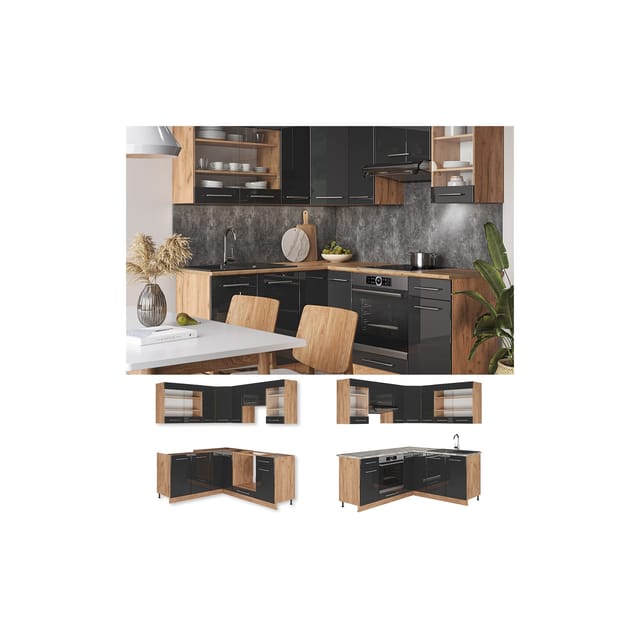 Vicco Fame-Line Küchenschränke Anthrazit Hochglanz/Goldkraft Eiche 160 x 60 cm ohne Arbeitsplatte ohne E-Geräte