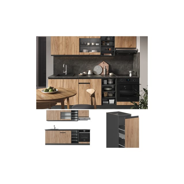 Vicco R-Line Küchenzeile Goldkraft Eiche/Anthrazit 240 cm J-Shape ohne E-Geräte