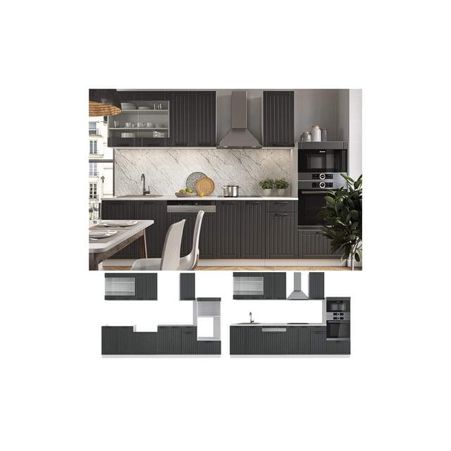 Vicco Fame-Line Küchenzeile Anthrazit Landhaus/Weiß 300 cm mit Hochschrankohne Arbeitsplatte ohne E-Geräte