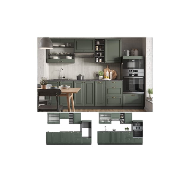 Vicco Fame-Line Küchenzeile Grün-Gold Landhaus/Anthrazit 280 cm ohne Arbeitsplatte ohne E-Geräte
