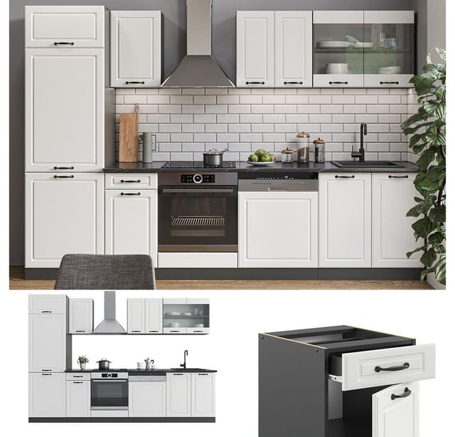 Vicco R-Line Küchenzeile Weiß Landhaus/Anthrazit 300 cm ohne Arbeitsplatte ohne E-Geräte