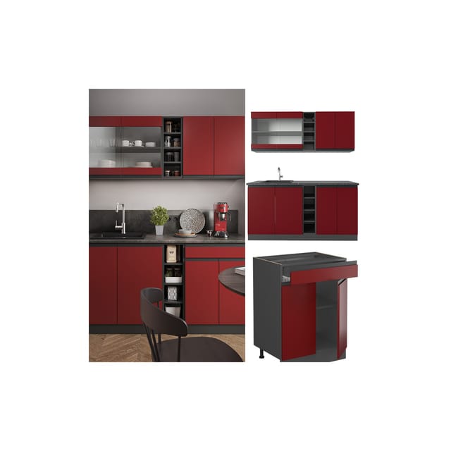Vicco R-Line Singleküche Rot/Anthrazit 160 cm J-Shape ohne E-Geräte