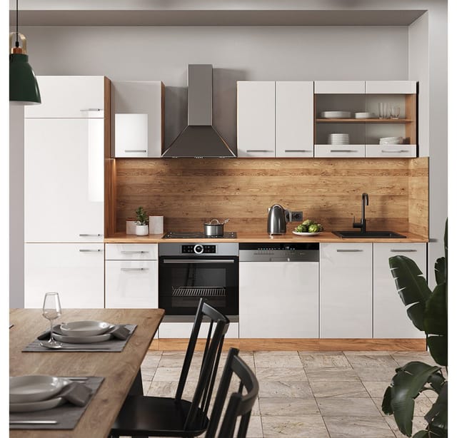 Vicco R-Line Küchenzeile Weiß Hochglanz/Goldkraft Eiche 300 cm ohne Arbeitsplatte ohne E-Geräte
